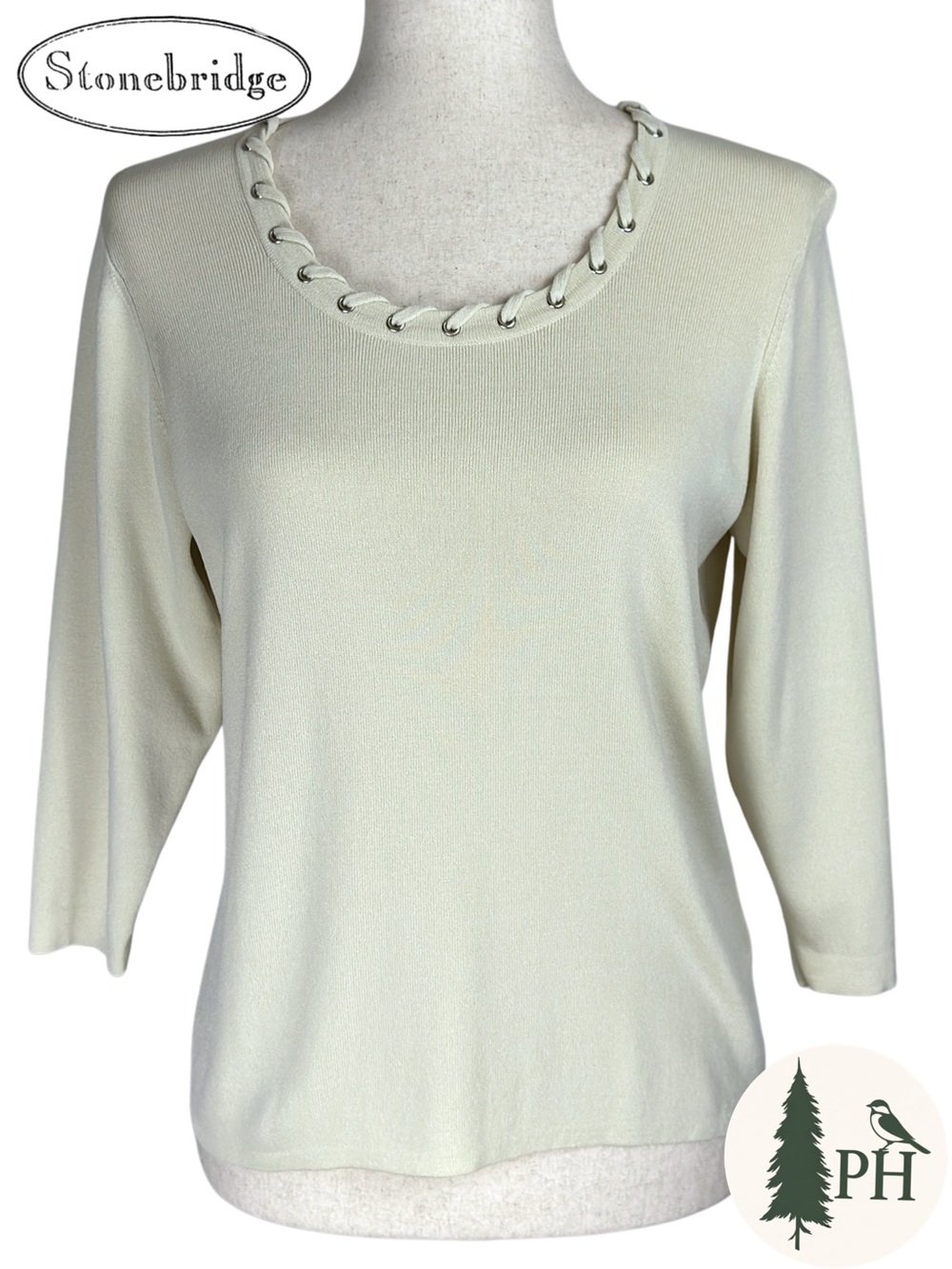 Stonebridge Sweater Petite MP Cream Lace-Up Neck 3/4 Sleeve Rayon Knit Feminine